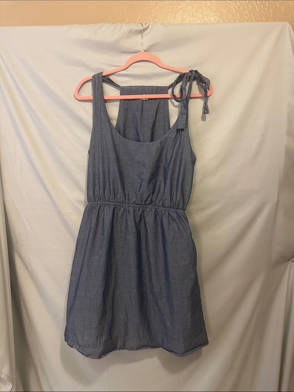 J. Crew Blue Chambray Top with Pink Trim